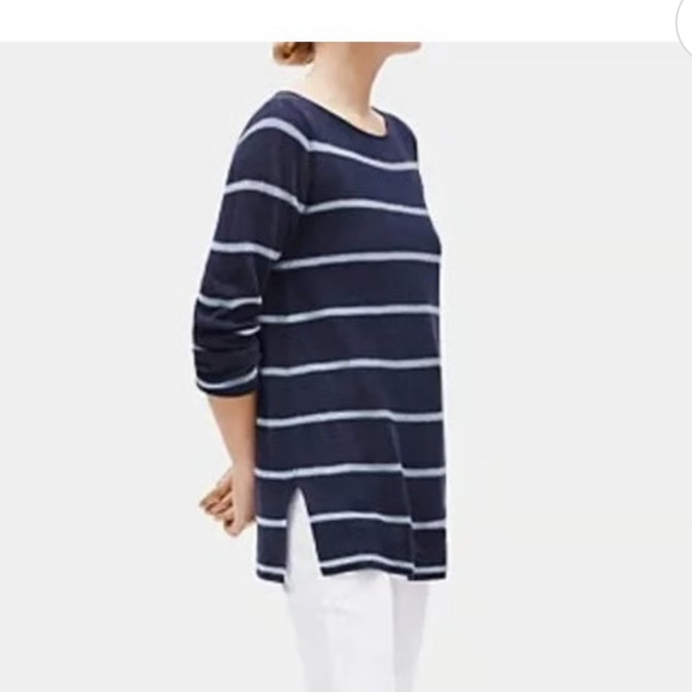Eileen Fisher Striped Sweater Large Navy Merino Alpaca Blend Tunic Lightweight
